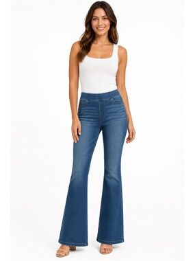 SPANX Cotton Blend Pull On Blue Denim Everywhere Flare 5 Pocket Jeans US Sz XL